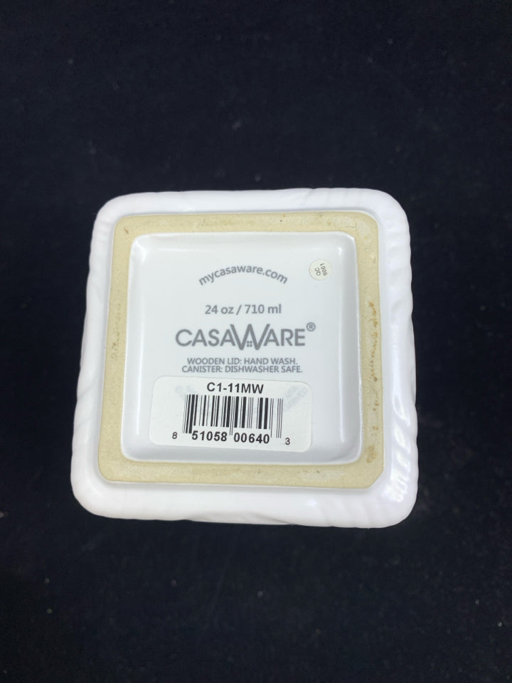 WHITE SQAURE CANISTER W WOOD TOP.