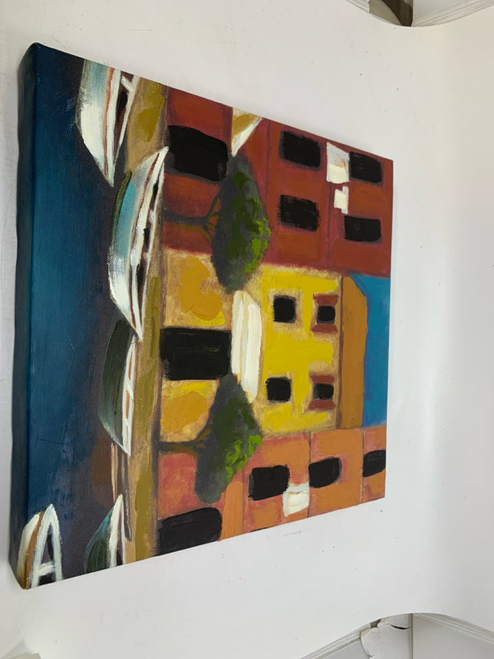 ABSTRACT BOATS ON A RIVER W/ BUILDING CANVAS.