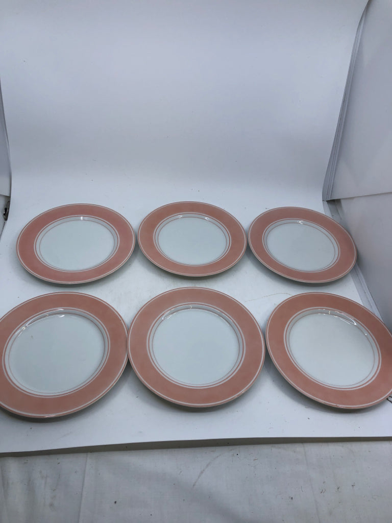 6 PEACH RIM LUNCH PLATES.