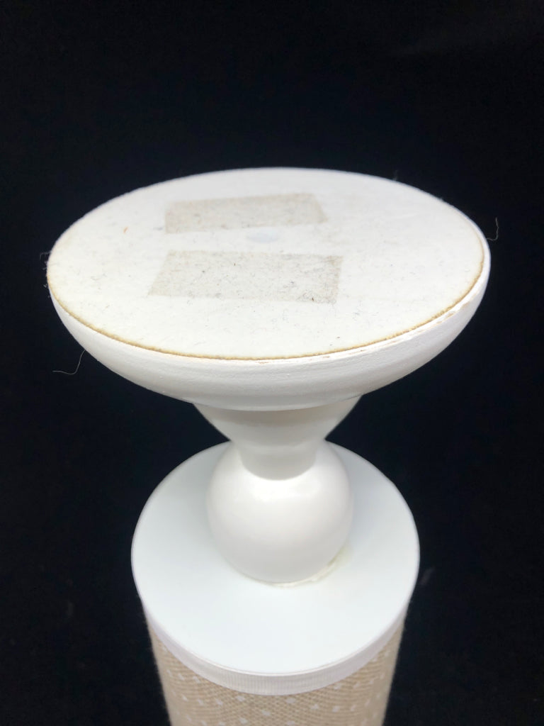 WHITE PILLAR HEADBAND STAND W/ TAN WHITE POLKA DOTS FABRIC.