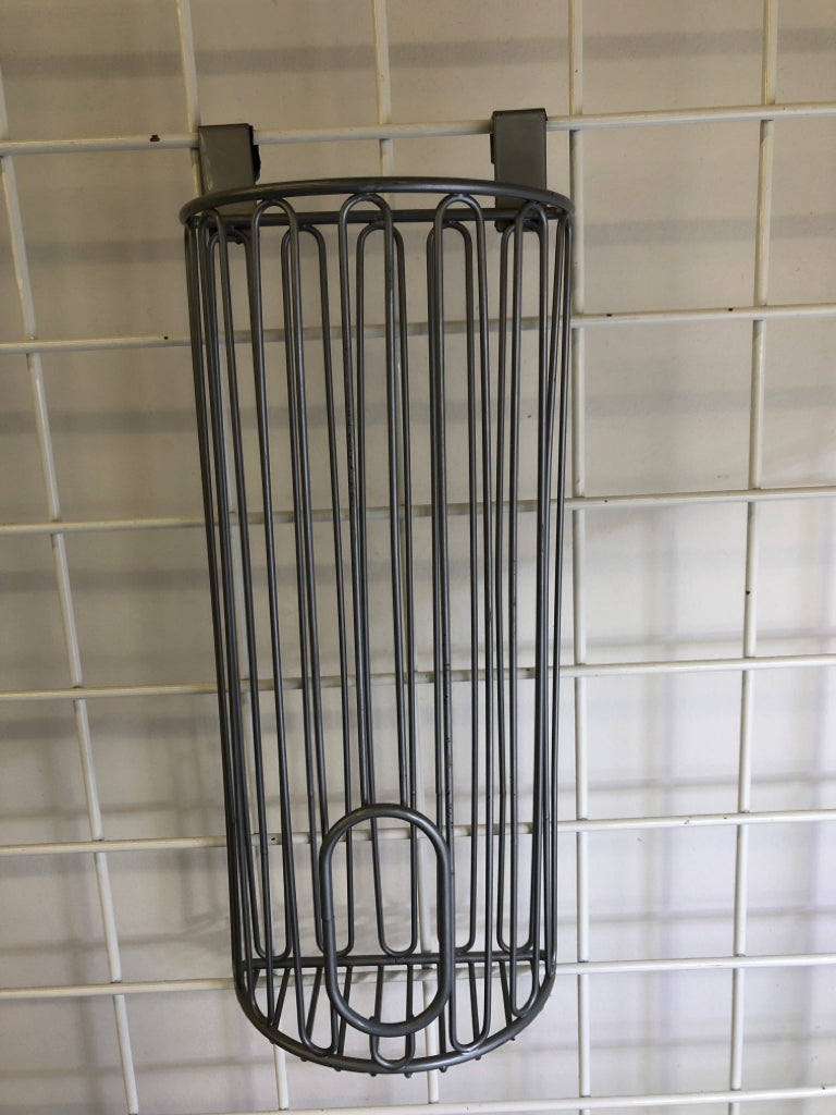 GRAY METAL BAG DISPENSER W/HOOKS FOR DOOR.