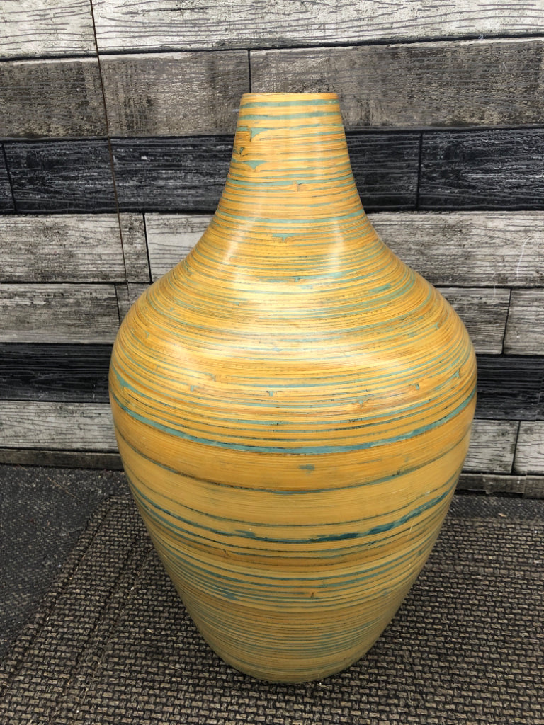 BLUE SWIRL YELLOW WOODEN VASE.