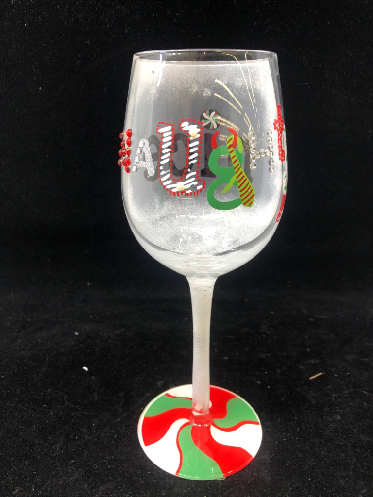NIP LOLITA "NAUGHTY AND NICE" HAND PAINTED WINE GLASS.