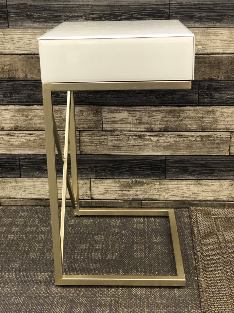 WHITE GLASS SIDE TABLE W/ DRAWER GOLD LEGS.
