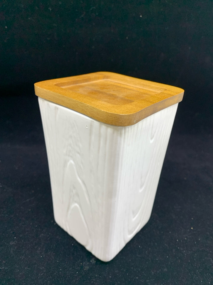 WHITE SQAURE CANISTER W WOOD TOP.