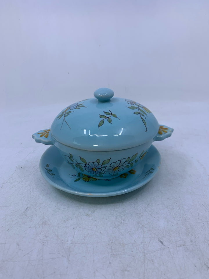 VTG 3 PC LIGHT BLUE CANISTER W/ DRIP PLATE FLORAL.