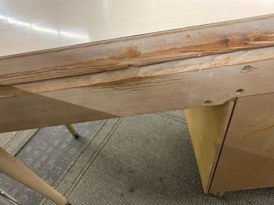 VTG BLONDE DESK W 3 DRAWERS.