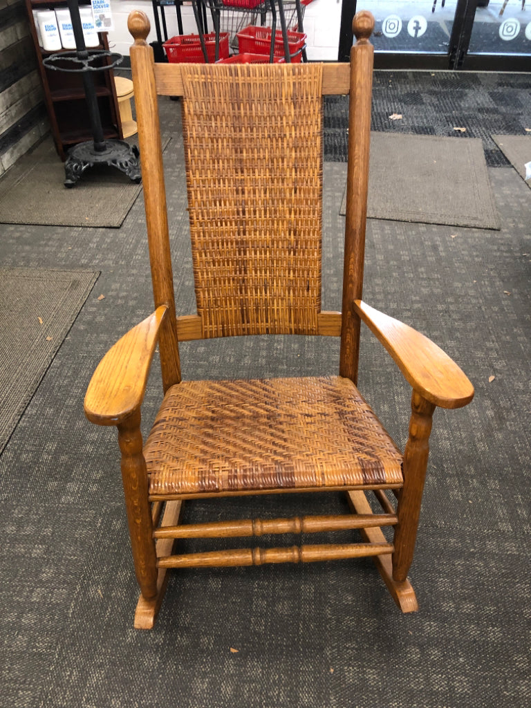 WOOD ROCKING CHAIR W/ WOVEN SEAT/BACK.
