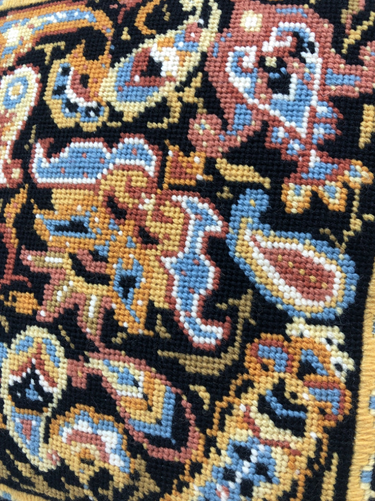NEEDLEPOINT ACCENT PILLOW W/BLACK/GOLD/BLUE DESIGN.