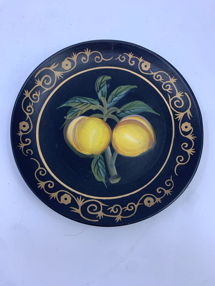 2 BLACK VTG PAINTED FRUIT PLATES.