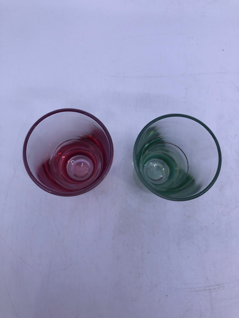 4 SHOT GLASSES GREEN/PINK W GOLD STRIPE.