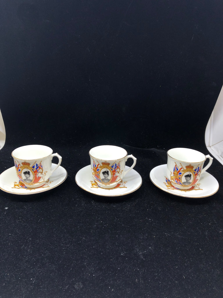 VTG SVC 3 CORONATION QUEEN ELIZABETH TEACUP SAUCERS-6PC.