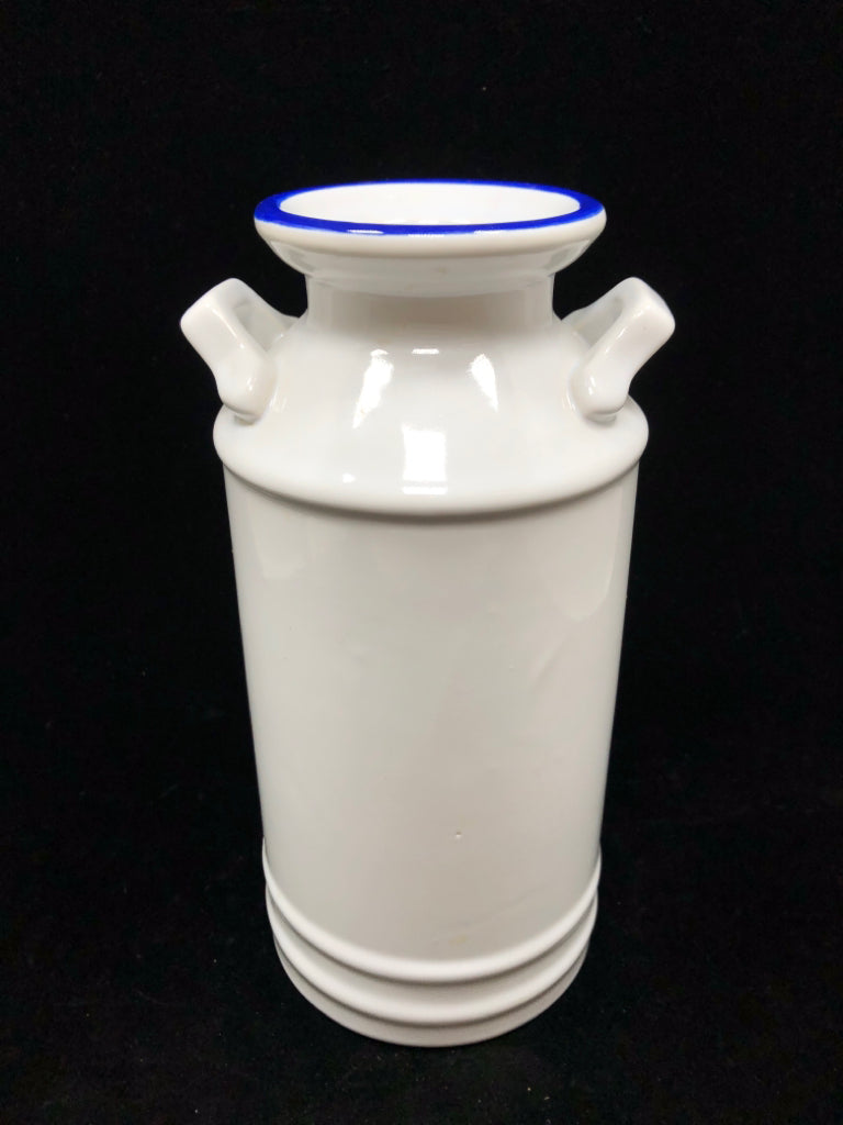 BLUE RIMMED WHITE MILK CAN VASE.