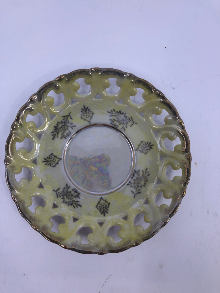 VTG PALE YELLOW W GOLD ACCENTS AND LACE PATTERN TEACUP AND SAUCER.