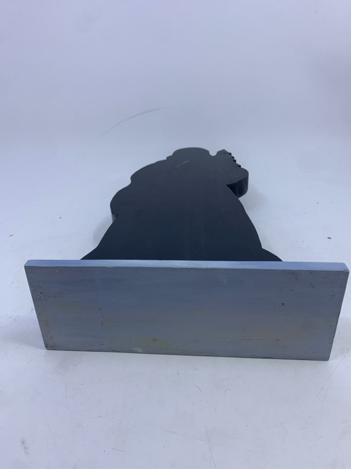 WOOD SANTA ON STAND GREEN COAT HOLDING TOYS.