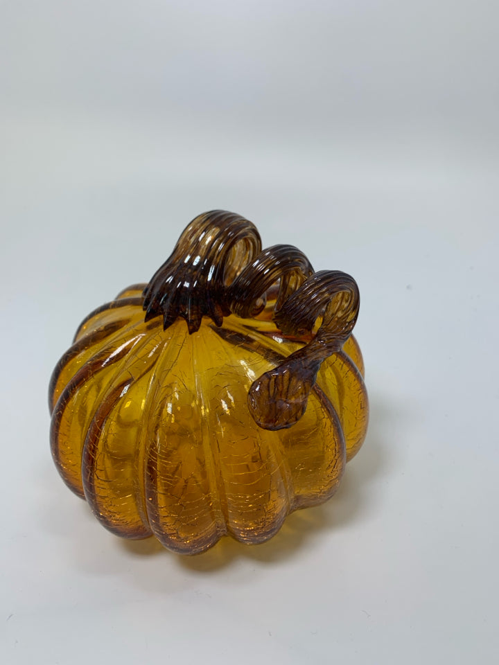 AMBER CRACKLE BLOWN GLASS PUMPKIN.