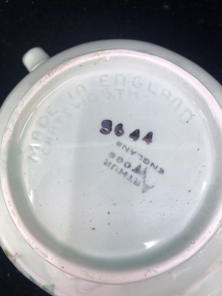 VTG PALE GREEN FLORAL TEAPOT.