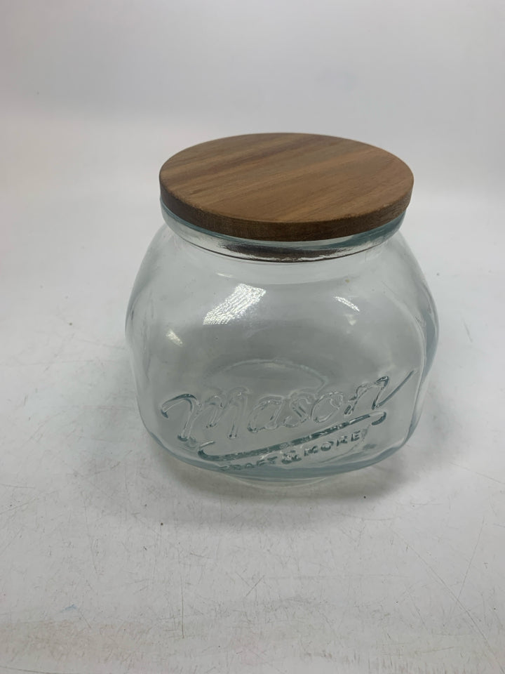 HEAVY GLASS MASON JAR W/ WOOD LID CANISTER.
