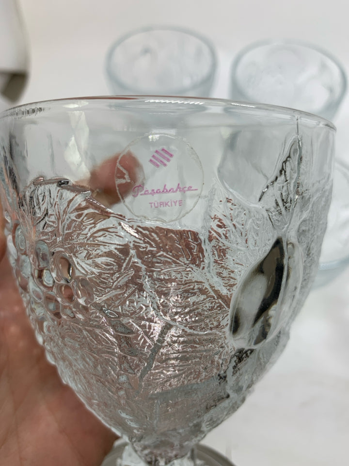 6 HEAVY FRUIT EMBOSSED PRESSED GLASS GOBLETS.