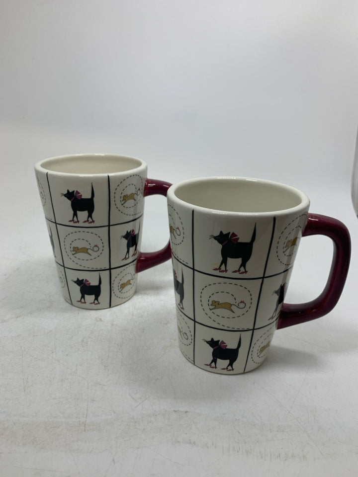 2 BLACK CATS W/ HEELS AND MICE DETAILED MUGS.