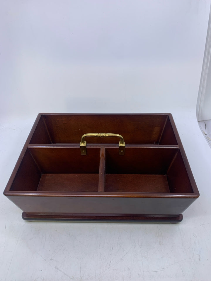 BROWN WOOD 3 DIVIDED TRAY W/ GOLD HANDLE.
