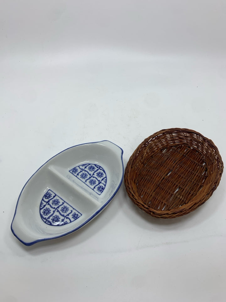 SM DIVIDED BLUE DISH IN WICKER BASKET.