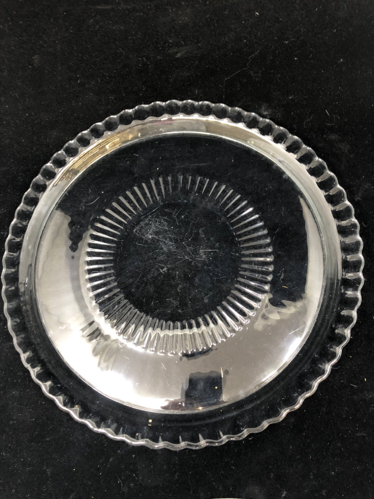 CUT GLASS CAKE DOME W/ETCHED FLOWERS AND RUFFLE EDGE.