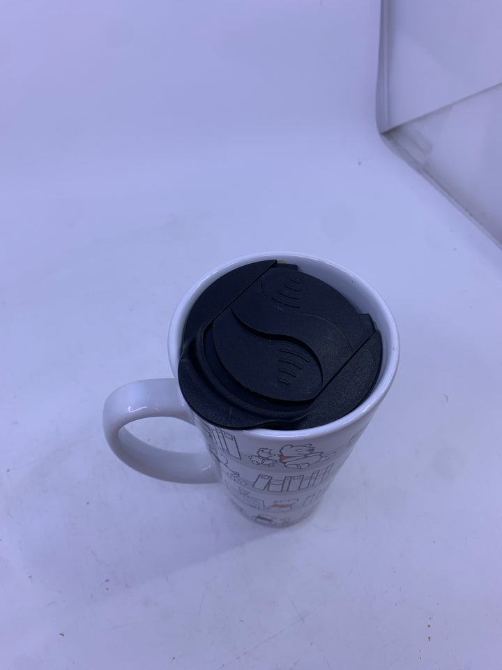 BLACK/WHITE WINNIE THE POOH COFFEE MUG WITH LID.