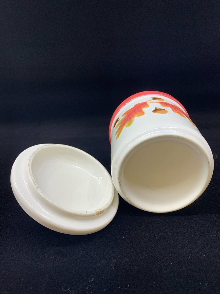 LEAF, ACORN EMBOSSED CERAMIC CANISTER W/LID.