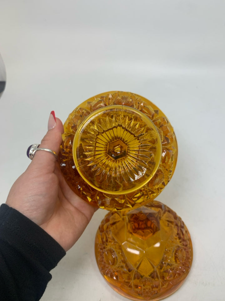 VTG PRESSED GLASS FOOTED COVERED CANDY DISH.