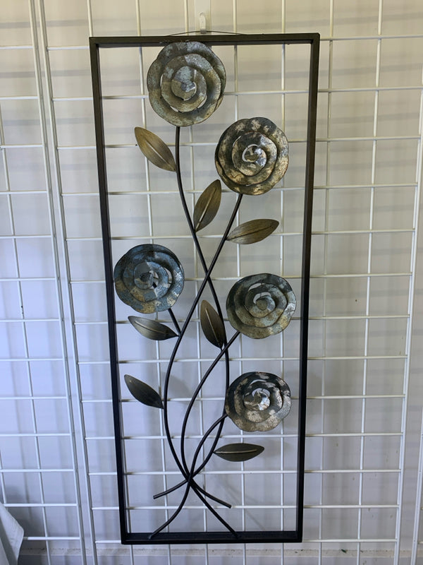 DISTRESSED METAL BLUE AND WHITE METAL WALL HANGING.