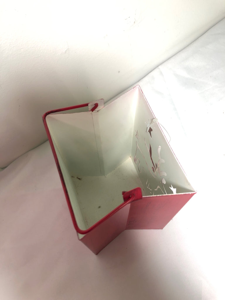 RED REINDEER METAL BUCKET, 7" X 4" X 5"