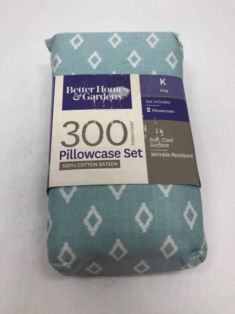 BLUE COTTON DAMASK KING PILLOW CASES.