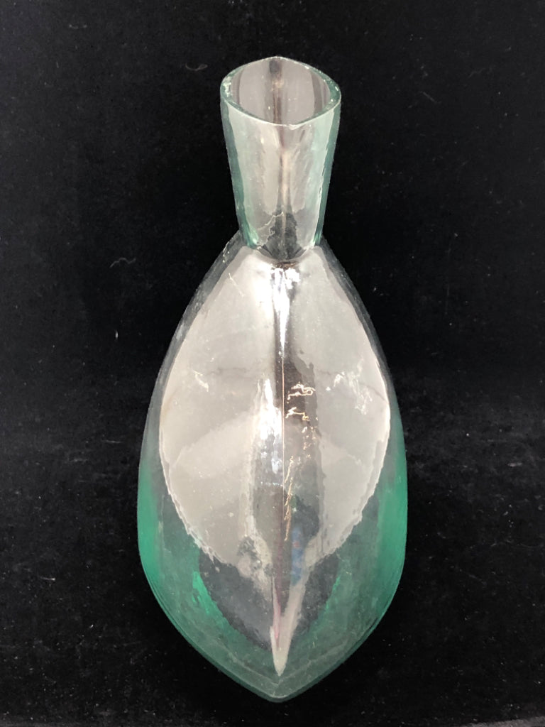 BLUE GLASS TRIANGULAR VASE.