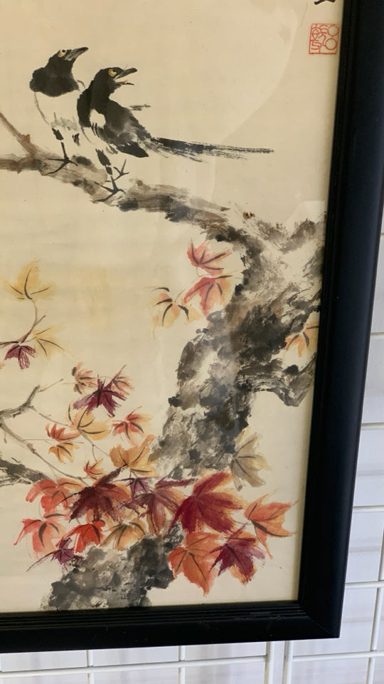 WATERCOLOR BIRDS ON LEAF BRANCH IN BLACK FRAME.