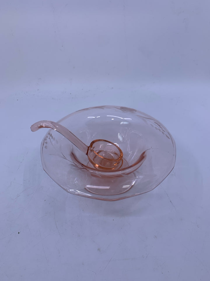 VTG 2 PC PINK ETCHED DEPRESSION GLASS W/ SPOON.
