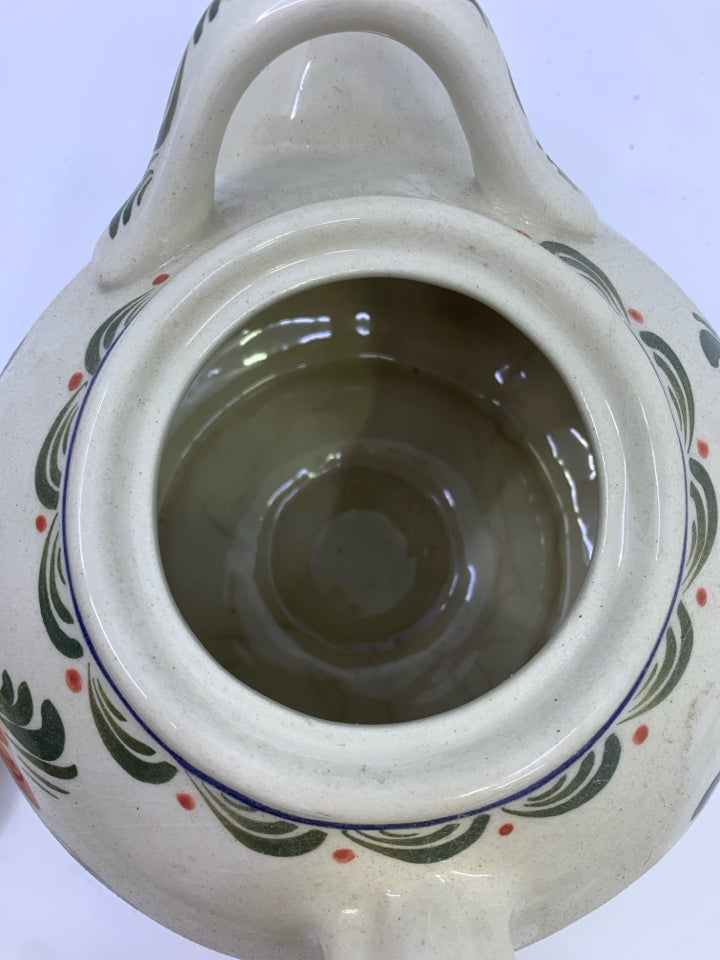 BLUE AND PINK FLORAL TEAPOT WITH EXTRA HANDLE.