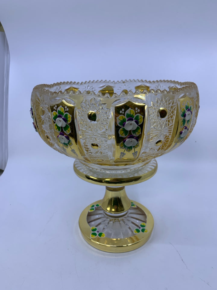 FOOTED HEAVY GOLD PEDESTAL BOWL W/ EMBOSSED FLOWERS SAWTOOTH EDGE.