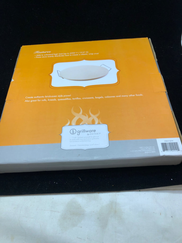 NIB PIZZA STONE AND SERVING RACK.