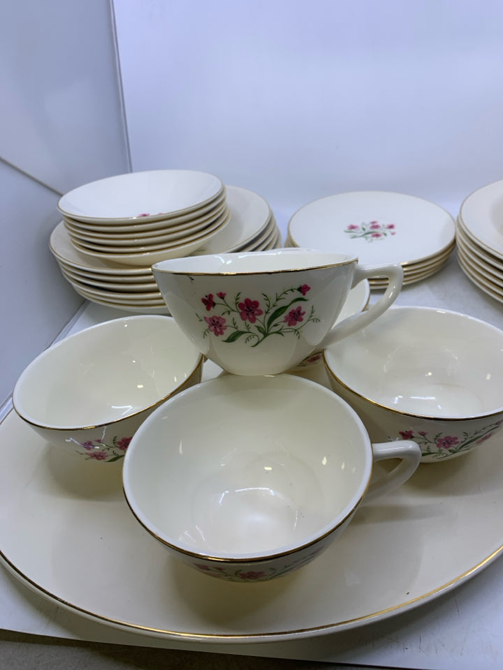 36 PC SVC 6 PINK FLOWERS GOLD RIM.