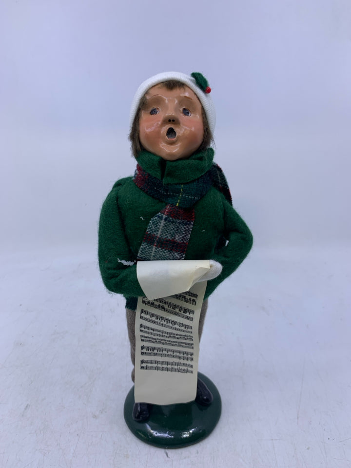 BOY CAROLER W/ MUSIC NOTES PLAID SCARF 1988 BYERS' CHOICE.