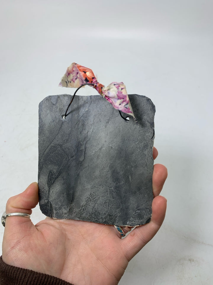 SMALL PAINTED AGE IMPROVES W/ WINE STONE SLATE WALL HANGING.