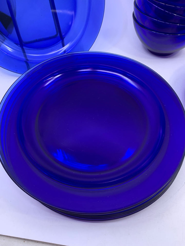 24 PC COBALT BLUE GLASS SVC 8- LUNCH,DINNER,BOWLS.