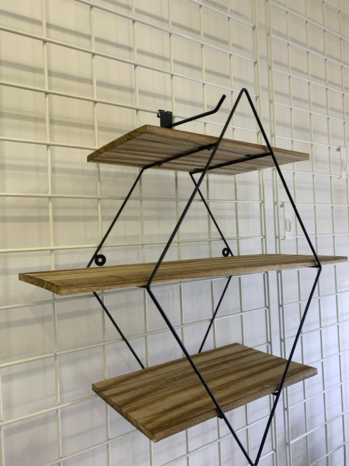 3 TIER METAL TRIANGLE SHELF WITH WOOD SLATS.