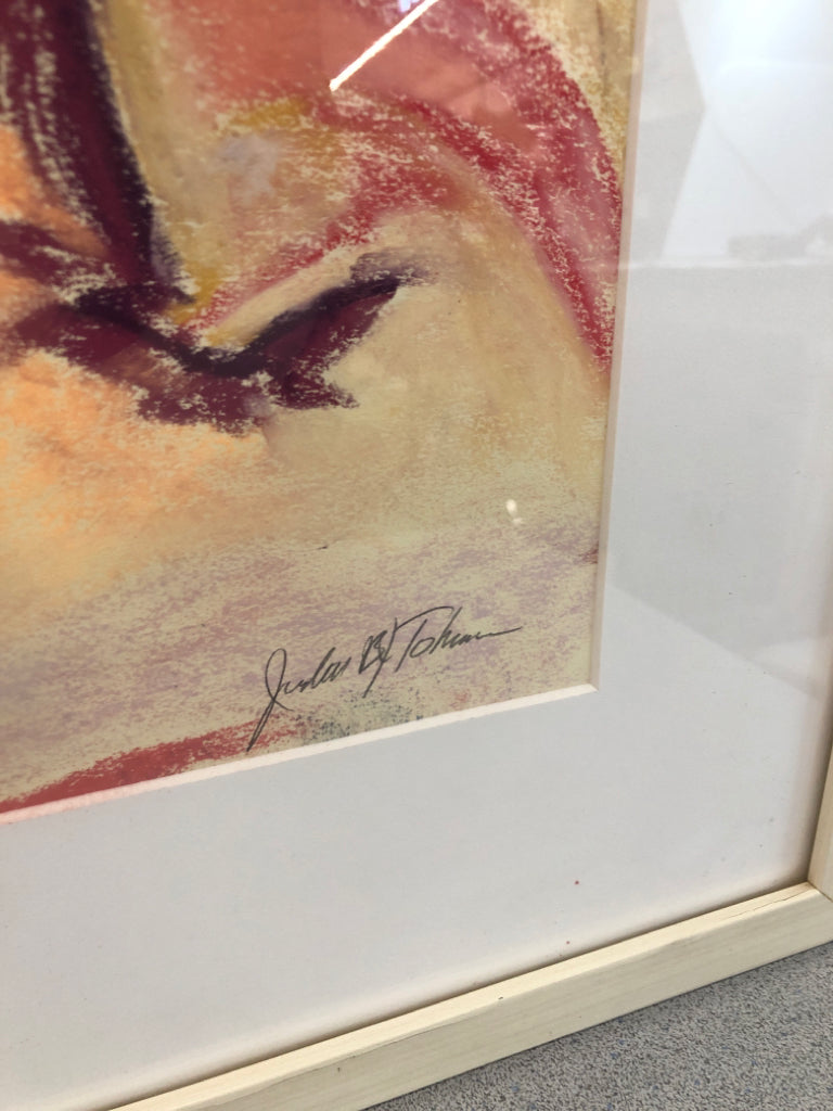 RED PASTEL ABSTRACT ART- SIGNED IN WHITE WOOD FRAME.