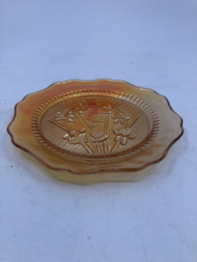 VTG CARNIVAL GLASS TEA CUP/SAUCER EMBOSSED FLOWERS.