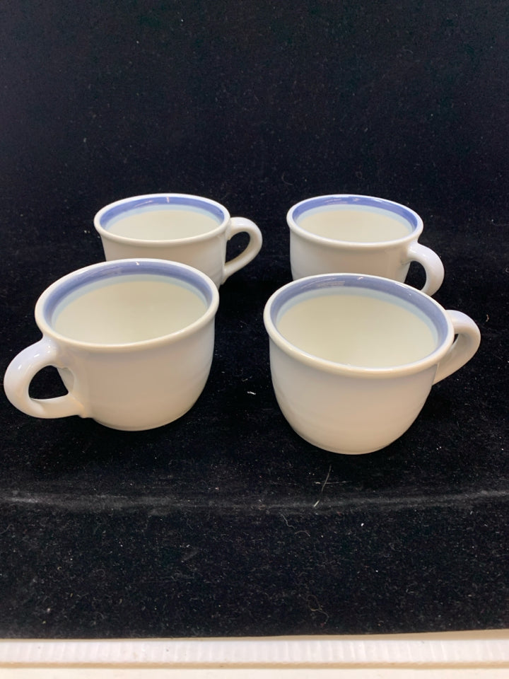 4 SHORT LIGHT BLUE W/ DARK BLUE STRIPE PFALTZGRAFF MUGS.