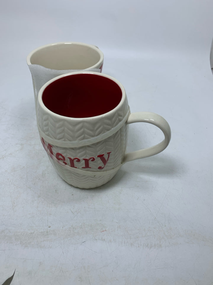 2 NWT CREAM TEXTURED MERRY/GINGERBREAD MAN MUGS.