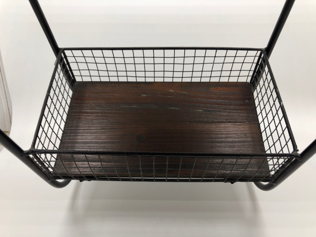 RUSTIC BLACK METAL AND WOOD WALL ORGANIZER.
