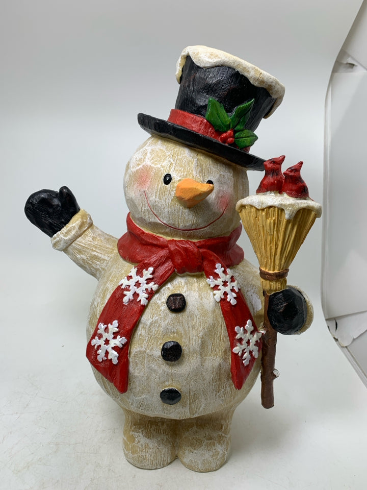 RESIN WAVING DISTRESSED SNOWMAN HOLDING BROOM.